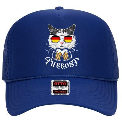 Funny Oktoberfest Cat Kitty Bavarian Drinking Beer Purrost High Crown Mesh Back Trucker Hat