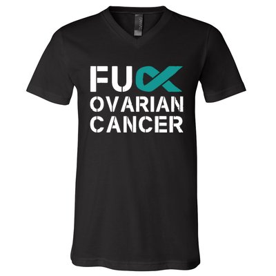 Fuck Ovarian Cancer Awareness Teal Ribbon Warrior Survivor V-Neck T-Shirt