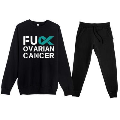 Fuck Ovarian Cancer Awareness Teal Ribbon Warrior Survivor Premium Crewneck Sweatsuit Set