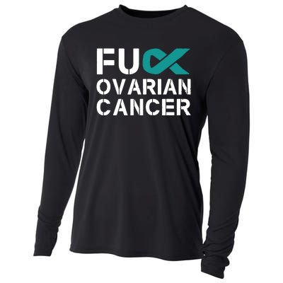 Fuck Ovarian Cancer Awareness Teal Ribbon Warrior Survivor Cooling Performance Long Sleeve Crew