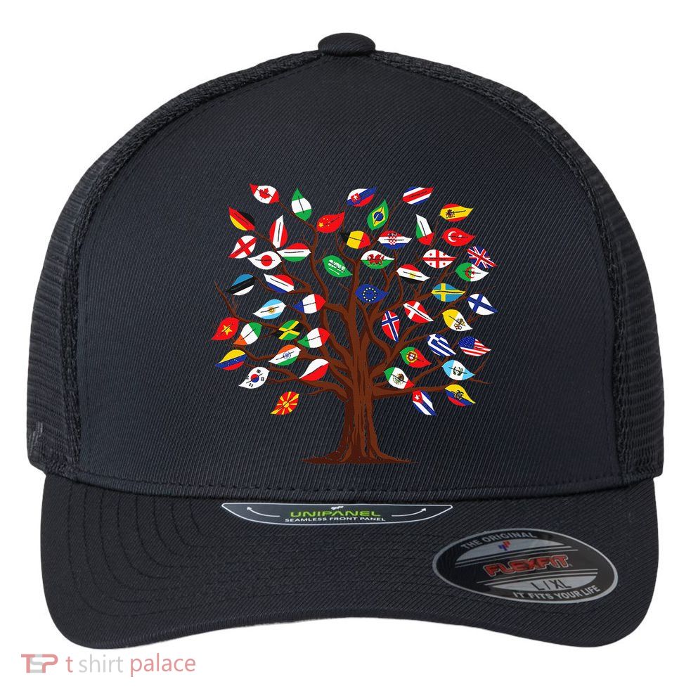 Flags of Countries of the World international flag tree Flexfit Unipanel Trucker Cap