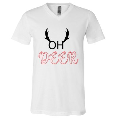 Funny Oh Deer With Christmas Reindeer Antlers Gift V-Neck T-Shirt