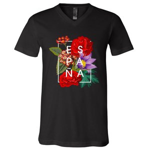 Flowers Of EspañA Spain Word Art Spanish Pride V-Neck T-Shirt