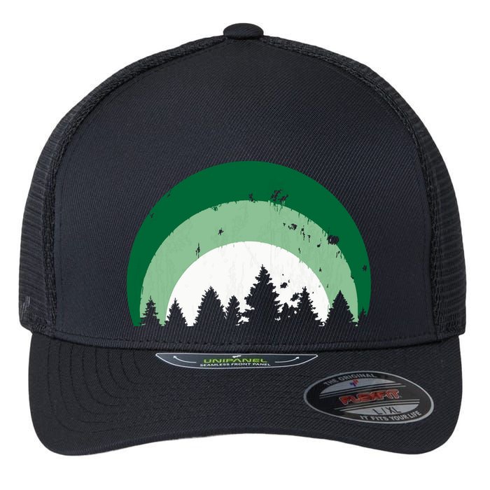 Forest Of Evergreen Tree Silhouette Distressed Trees Lover Flexfit Unipanel Trucker Cap