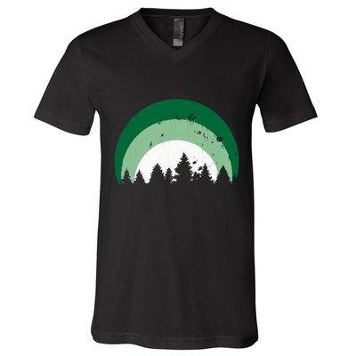 Forest Of Evergreen Tree Silhouette Distressed Trees Lover V-Neck T-Shirt