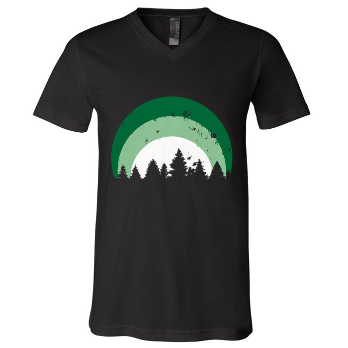 Forest Of Evergreen Tree Silhouette Distressed Trees Lover V-Neck T-Shirt