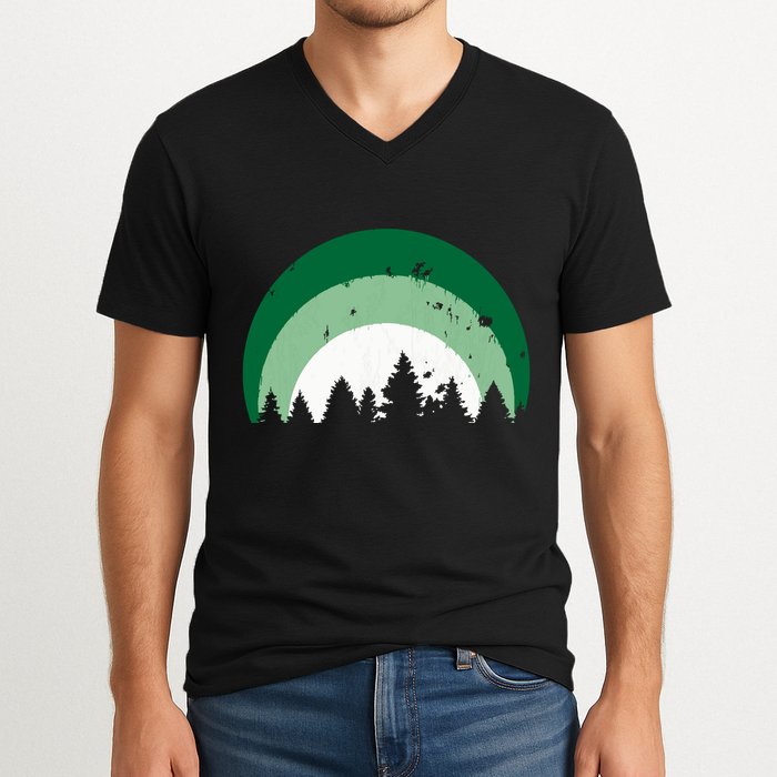 Forest Of Evergreen Tree Silhouette Distressed Trees Lover V-Neck T-Shirt