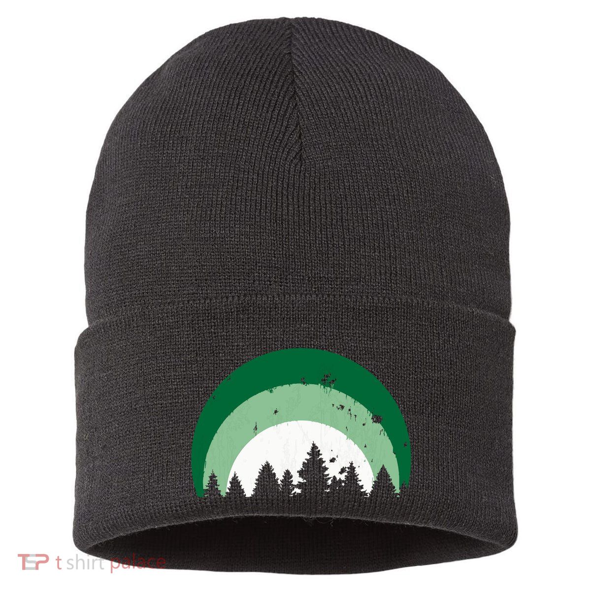 Forest Of Evergreen Tree Silhouette Distressed Trees Lover Sustainable Knit Beanie