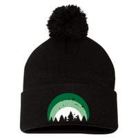 Forest Of Evergreen Tree Silhouette Distressed Trees Lover Pom Pom 12in Knit Beanie