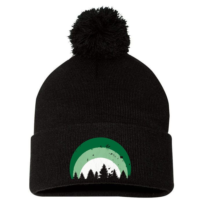 Forest Of Evergreen Tree Silhouette Distressed Trees Lover Pom Pom 12in Knit Beanie