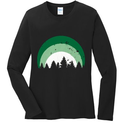 Forest Of Evergreen Tree Silhouette Distressed Trees Lover Ladies Long Sleeve Shirt