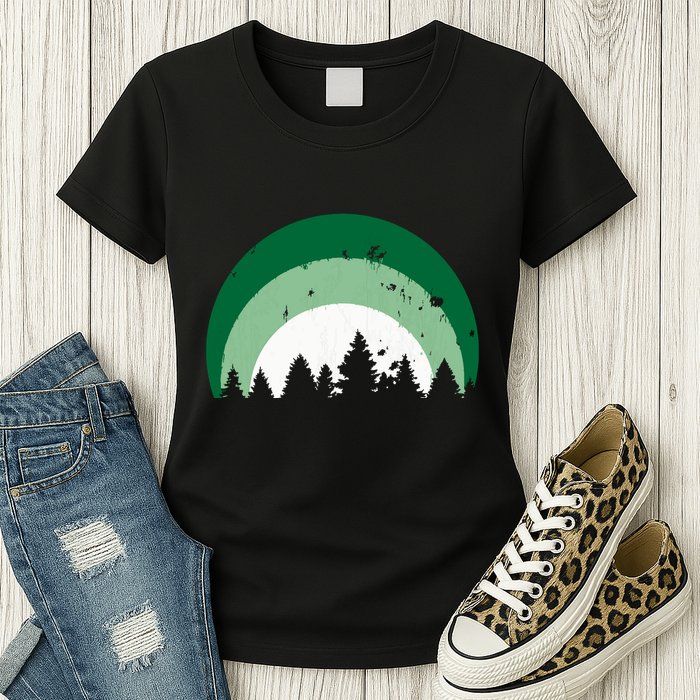 Forest Of Evergreen Tree Silhouette Distressed Trees Lover Womens T-Shirt