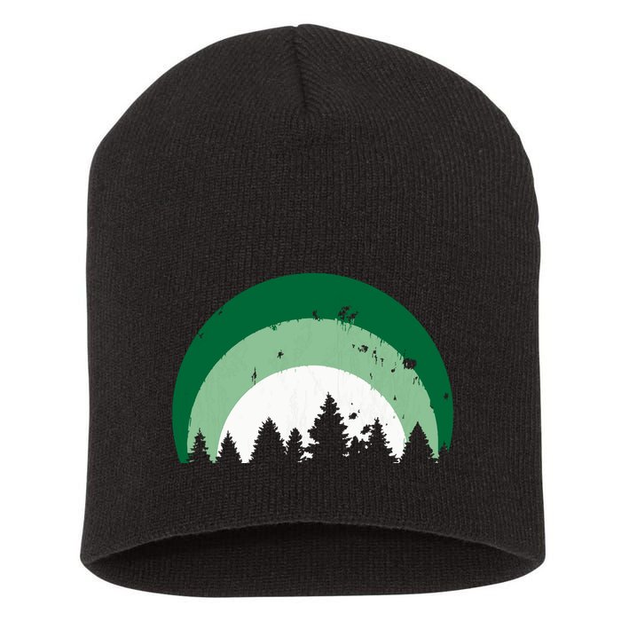 Forest Of Evergreen Tree Silhouette Distressed Trees Lover Short Acrylic Beanie