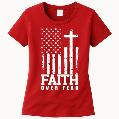 Faith Over Fear American Flag Cross Womens T-Shirt