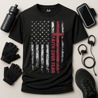Faith Over Fear Cool Christian Cross American USA Flag Cooling Performance Crew T-Shirt