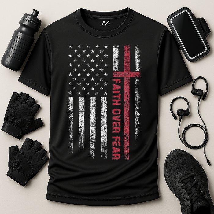 Faith Over Fear Cool Christian Cross American USA Flag Cooling Performance Crew T-Shirt