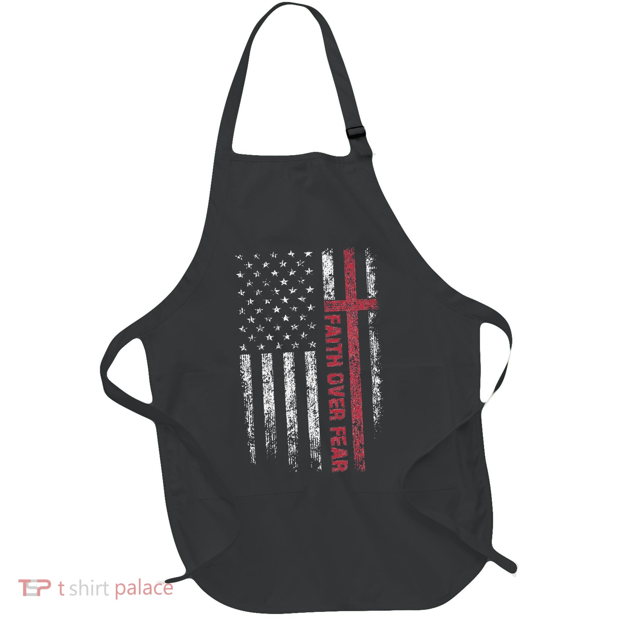 Faith Over Fear Cool Christian Cross American USA Flag Full-Length Apron With Pockets