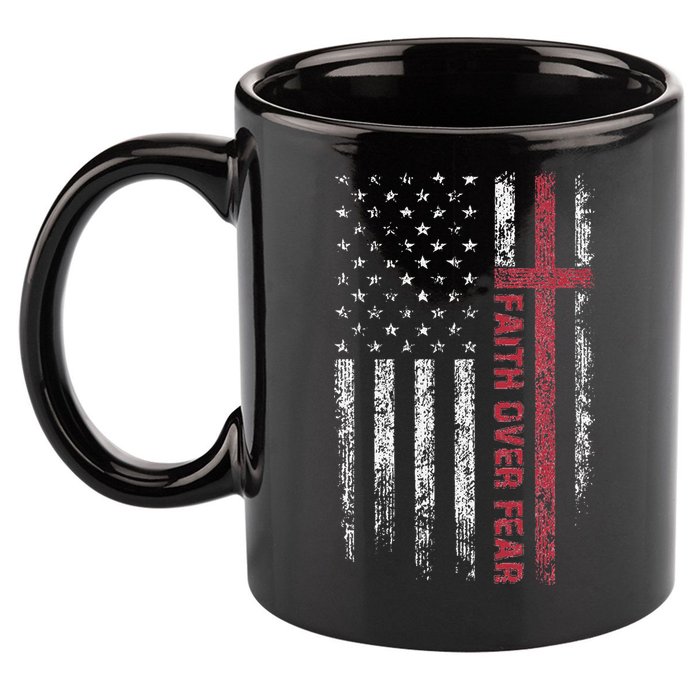 Faith Over Fear Cool Christian Cross American USA Flag 11oz C Handle Ceramic Mug