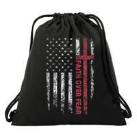 Faith Over Fear Cool Christian Cross American USA Flag Drawstring Bag