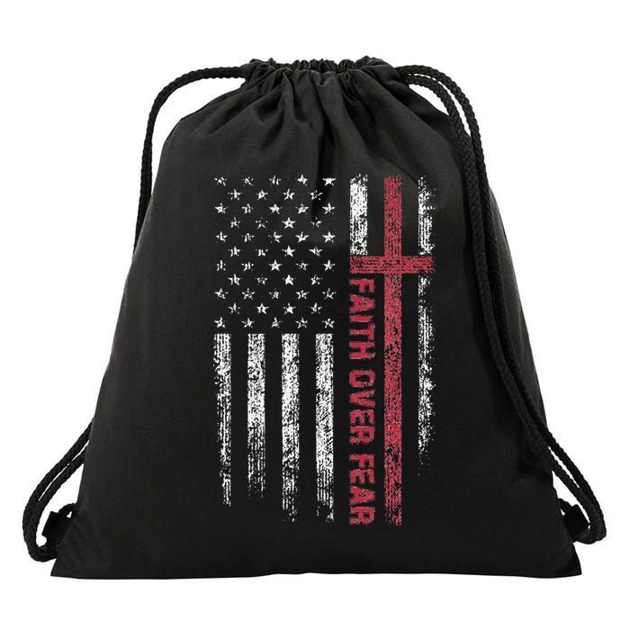 Faith Over Fear Cool Christian Cross American USA Flag Drawstring Bag
