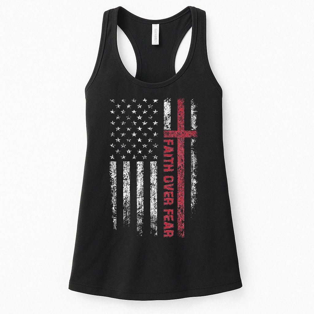 Faith Over Fear Cool Christian Cross American USA Flag Womens Tank Top