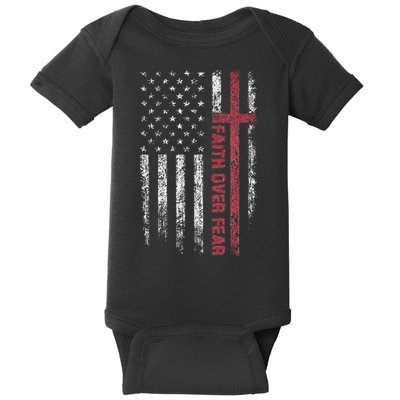 Faith Over Fear Cool Christian Cross American USA Flag Baby Bodysuit