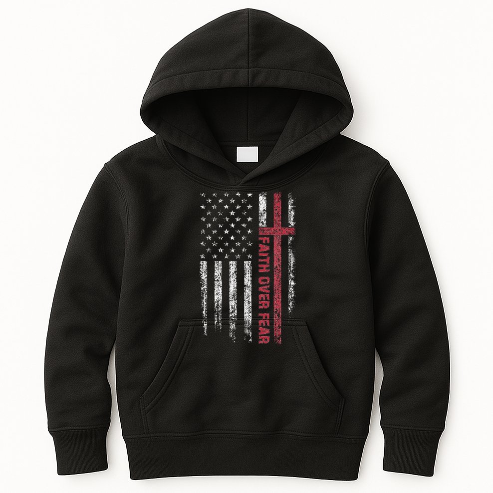 Faith Over Fear Cool Christian Cross American USA Flag Kids Hoodie