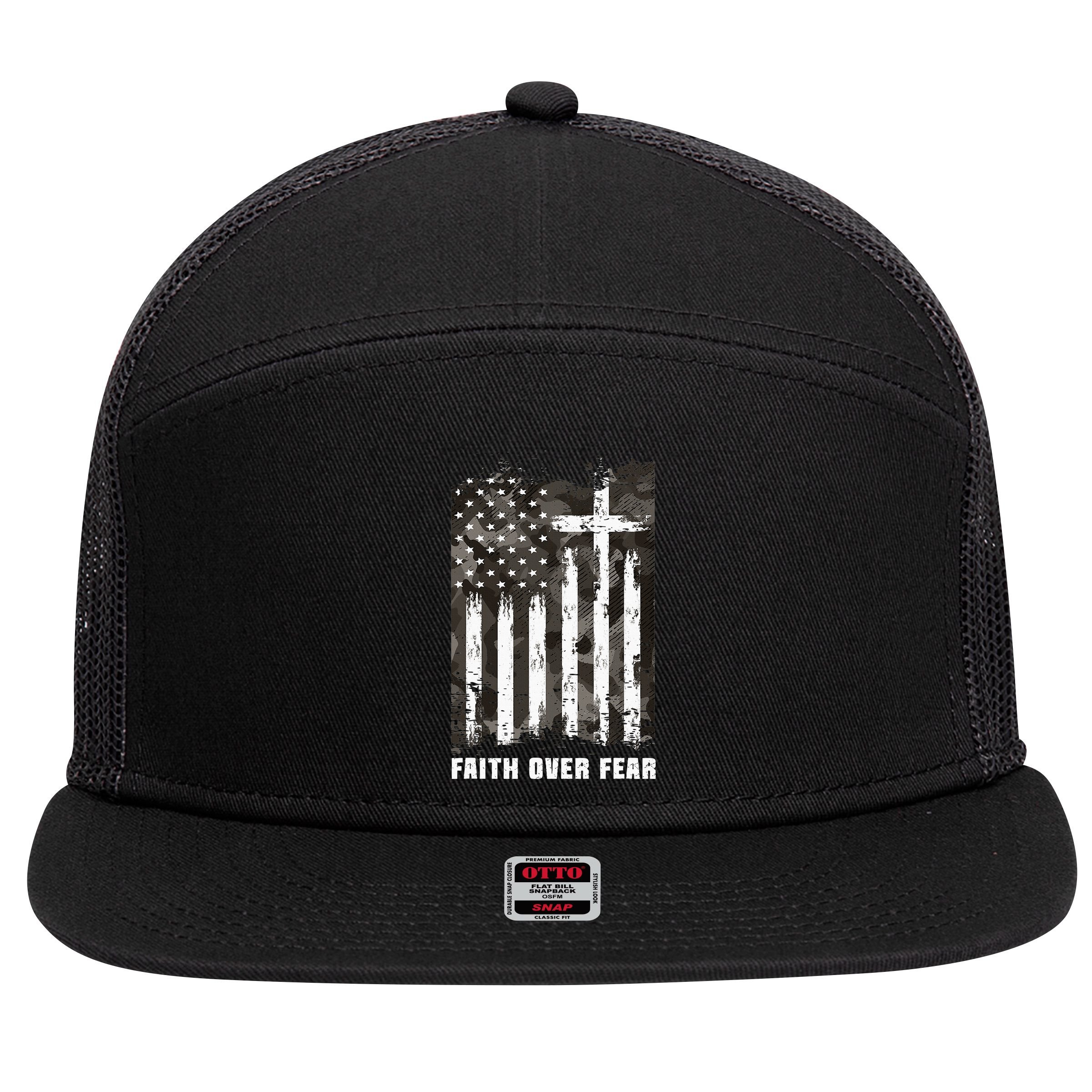 Faith Over Fear Christian Cross Camouflage American Flag 7 Panel Mesh Trucker Snapback Hat