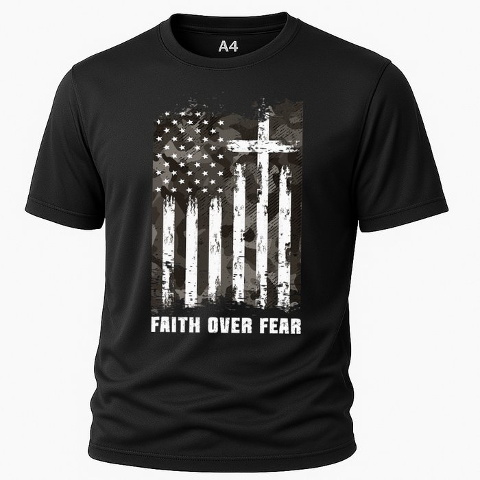 Faith Over Fear Christian Cross Camouflage American Flag Cooling Performance Crew T-Shirt