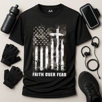Faith Over Fear Christian Cross Camouflage American Flag Cooling Performance Crew T-Shirt