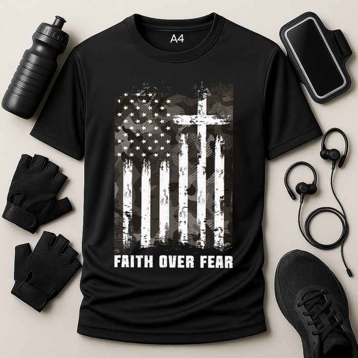 Faith Over Fear Christian Cross Camouflage American Flag Cooling Performance Crew T-Shirt