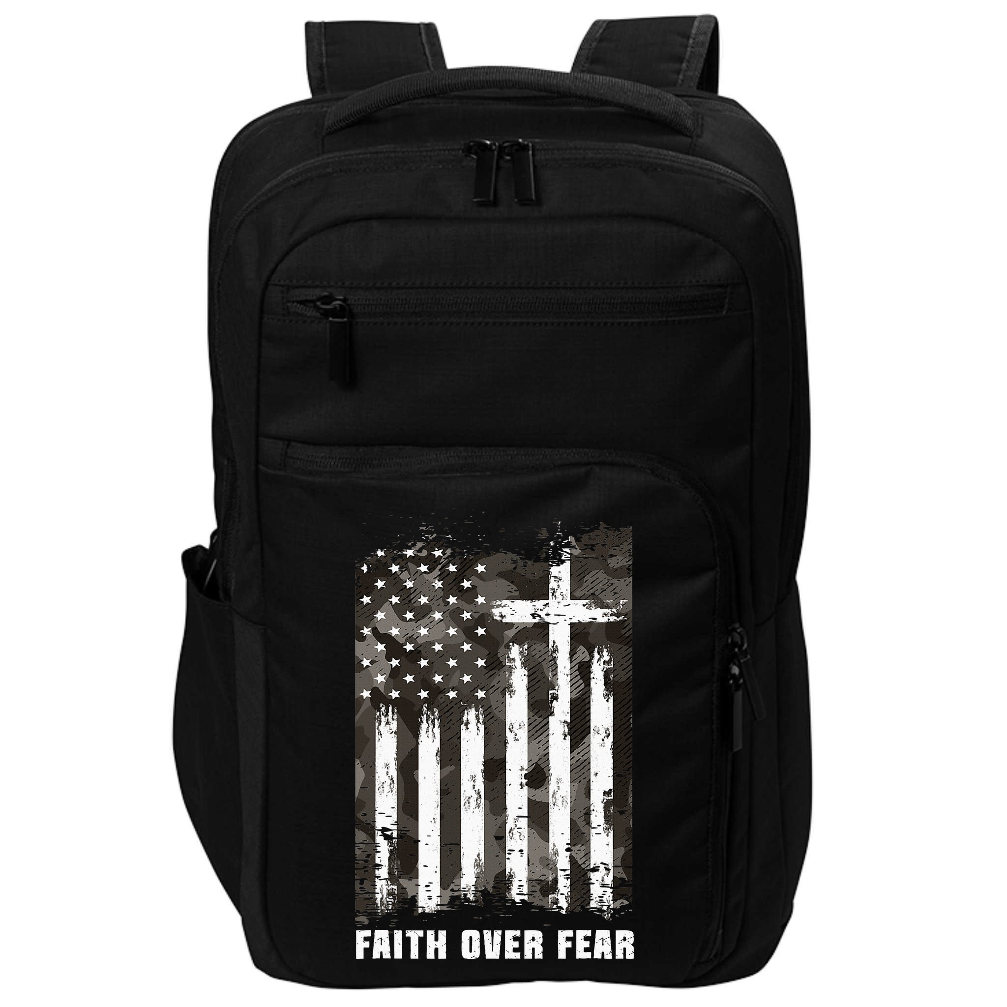 Faith Over Fear Christian Cross Camouflage American Flag Impact Tech Backpack