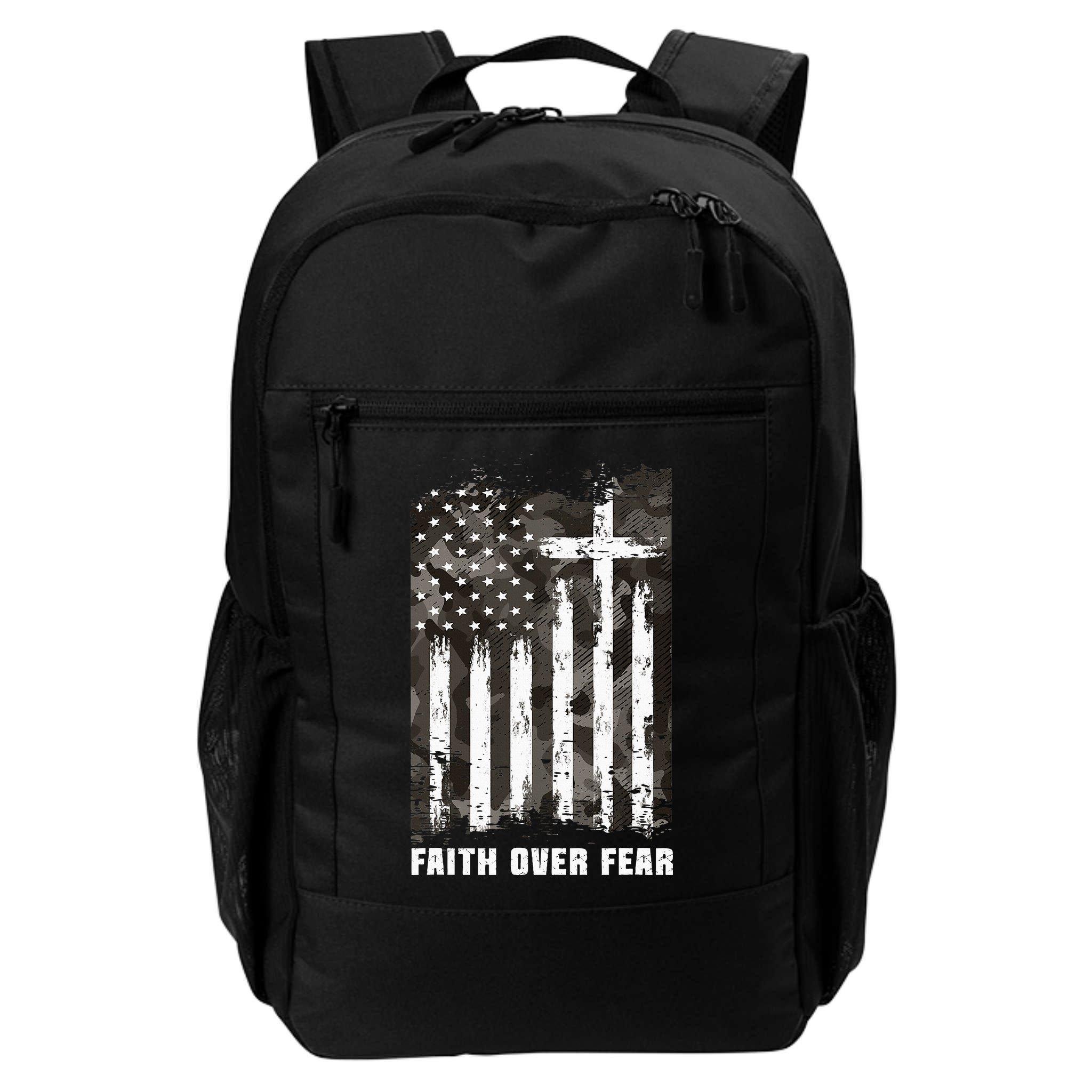 Faith Over Fear Christian Cross Camouflage American Flag Backpack