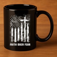 Faith Over Fear Christian Cross Camouflage American Flag 11oz C Handle Ceramic Mug