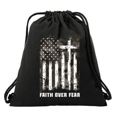 Faith Over Fear Christian Cross Camouflage American Flag Drawstring Bag