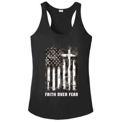 Faith Over Fear Christian Cross Camouflage American Flag Ladies PosiCharge Competitor Racerback Tank