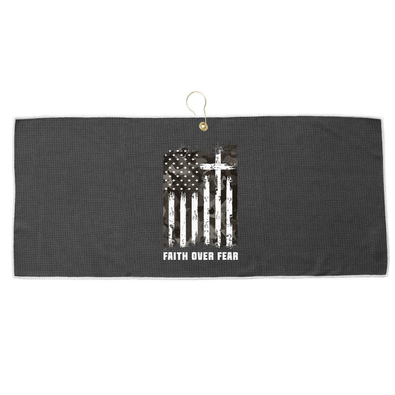 Faith Over Fear Christian Cross Camouflage American Flag Large Microfiber Waffle Golf Towel