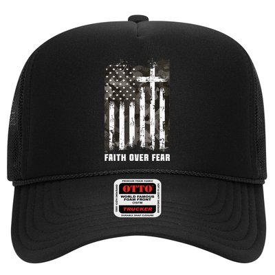 Faith Over Fear Christian Cross Camouflage American Flag Trucker Hat