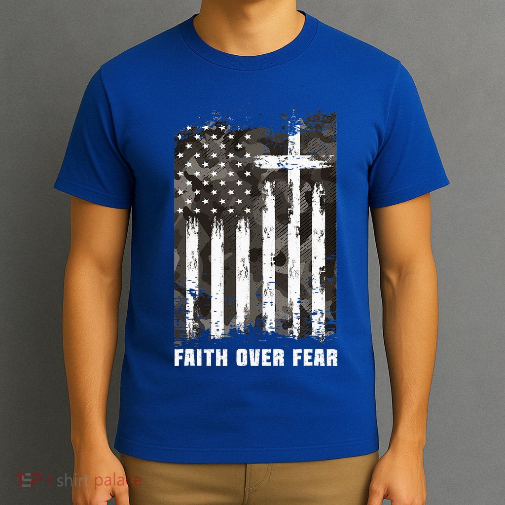 Faith Over Fear Christian Cross Camouflage American Flag T-Shirt