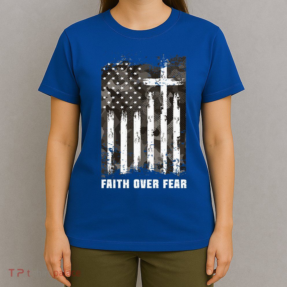 Faith Over Fear Christian Cross Camouflage American Flag T-Shirt