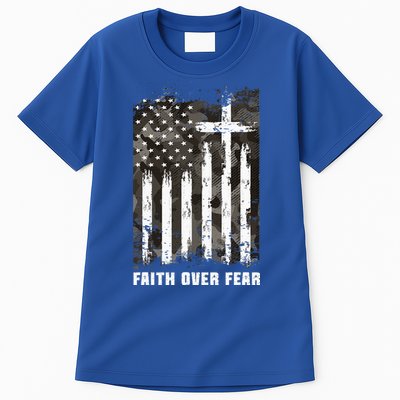 Faith Over Fear Christian Cross Camouflage American Flag Tall T-Shirt