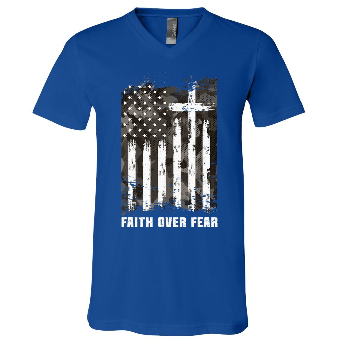 Faith Over Fear Christian Cross Camouflage American Flag V-Neck T-Shirt