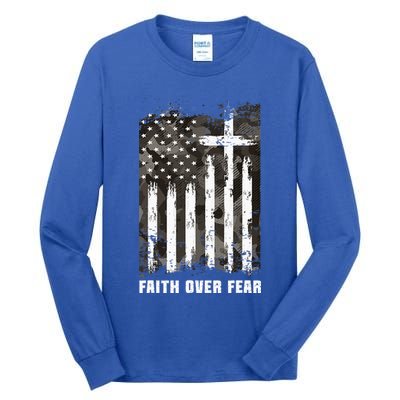 Faith Over Fear Christian Cross Camouflage American Flag Tall Long Sleeve T-Shirt