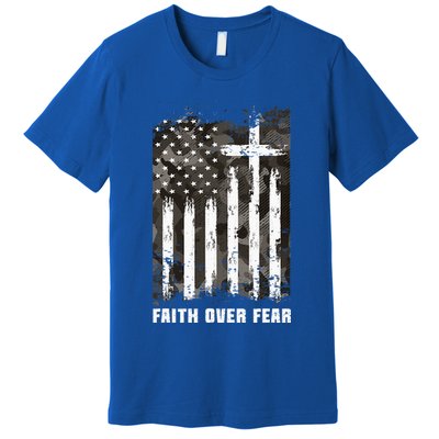 Faith Over Fear Christian Cross Camouflage American Flag Premium T-Shirt