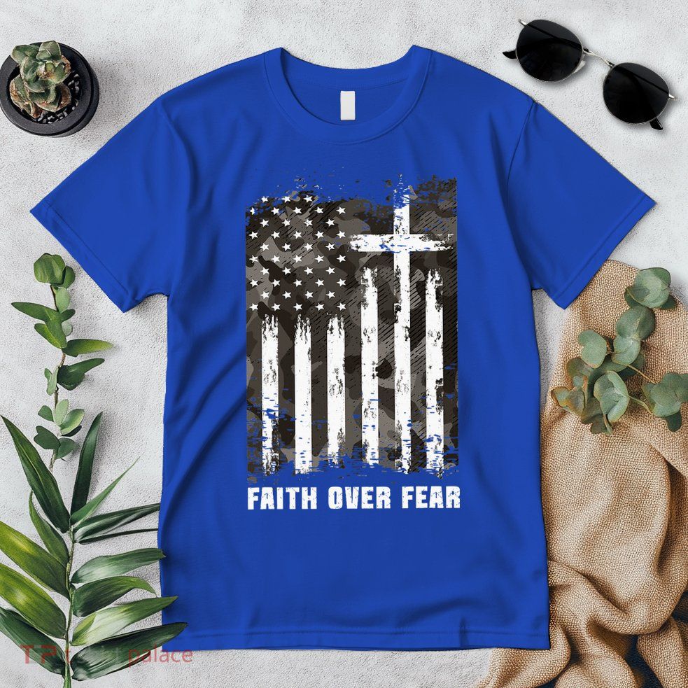 Faith Over Fear Christian Cross Camouflage American Flag Premium T-Shirt