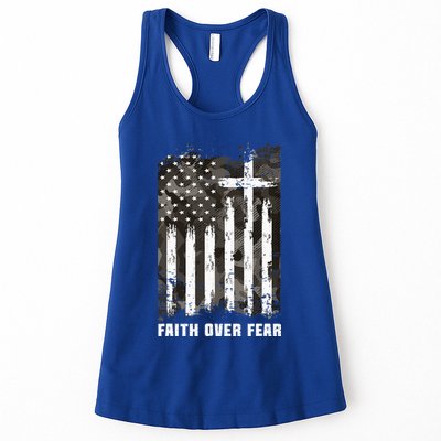 Faith Over Fear Christian Cross Camouflage American Flag Womens Tank Top