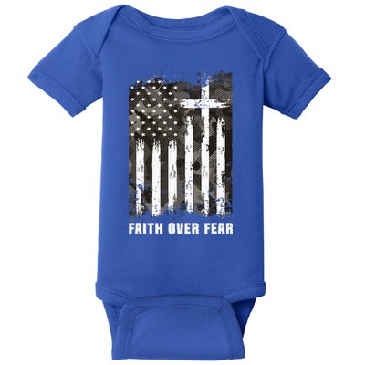Faith Over Fear Christian Cross Camouflage American Flag Baby Bodysuit