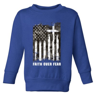 Faith Over Fear Christian Cross Camouflage American Flag Toddler Sweatshirt