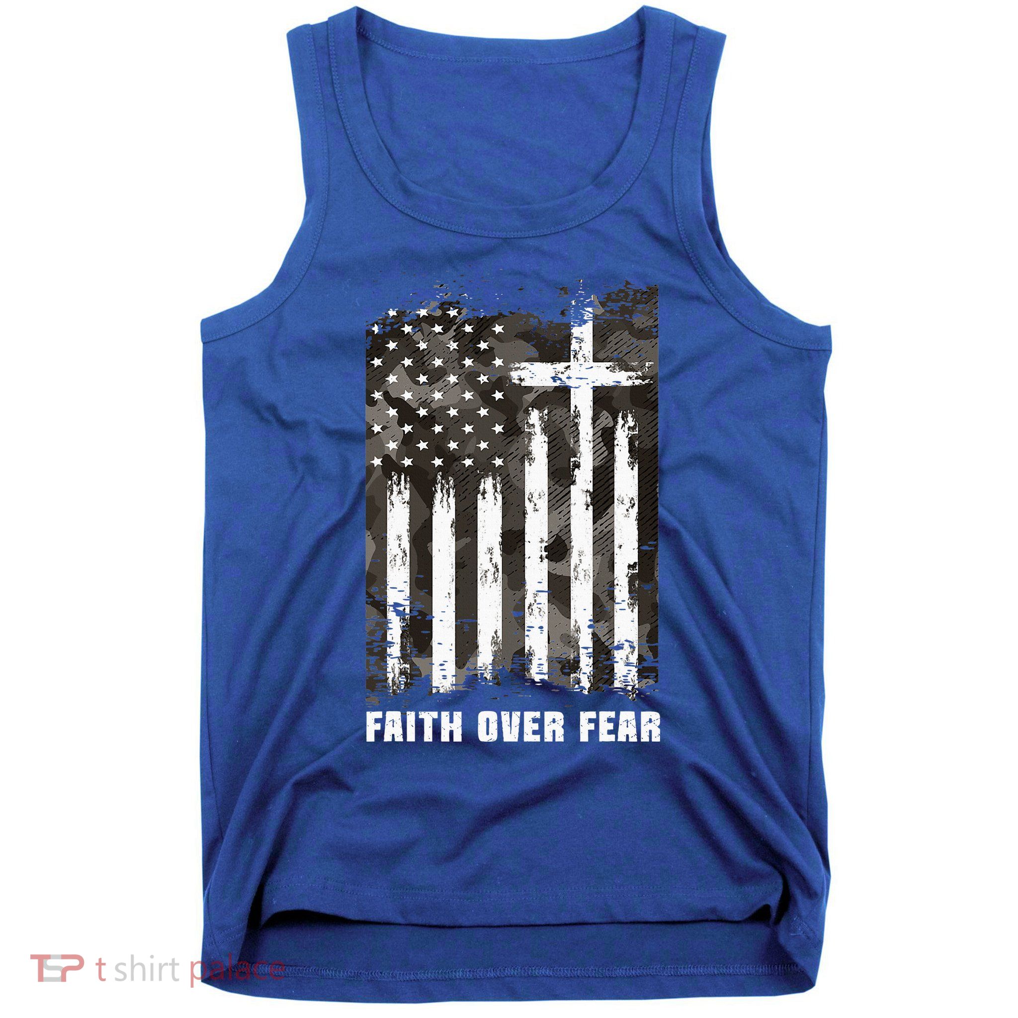 Faith Over Fear Christian Cross Camouflage American Flag Tank Top