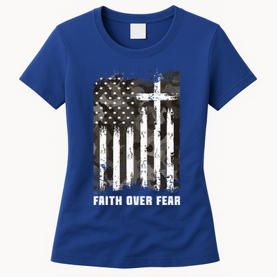 Faith Over Fear Christian Cross Camouflage American Flag Womens T-Shirt